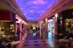 Under a blue sky at the Forum Shops at Caesar's Palace in Las Vegas, Nevada