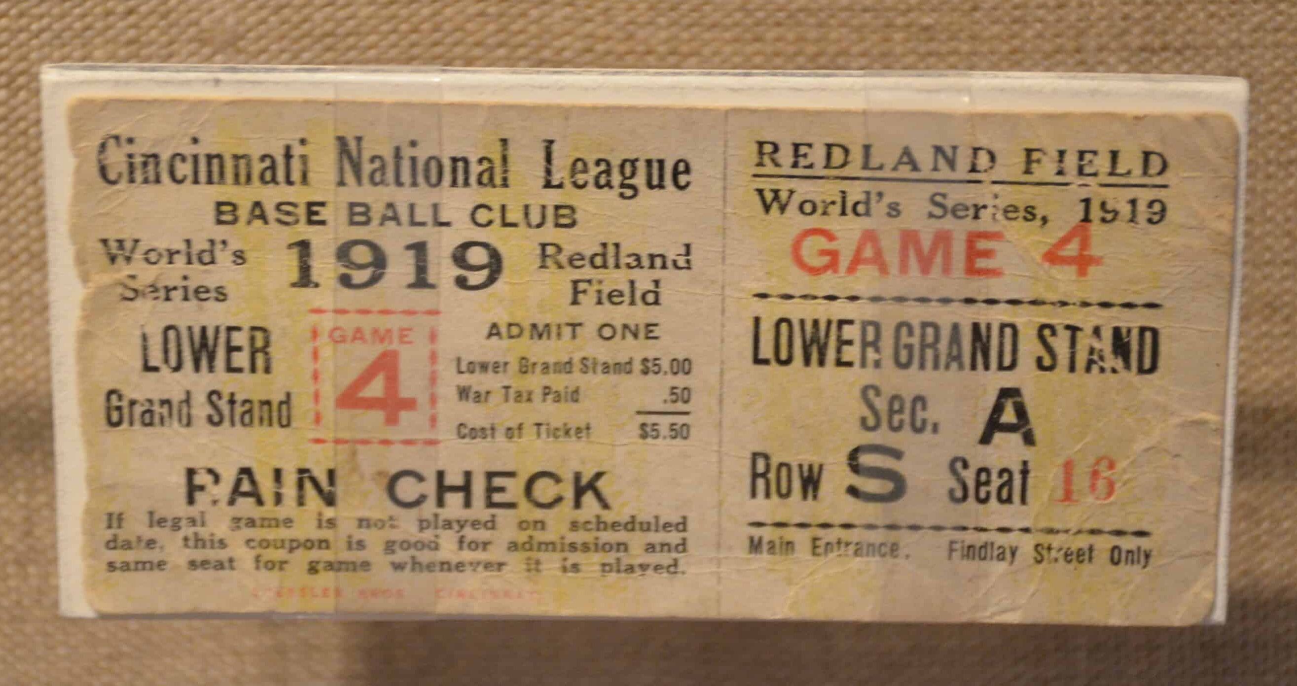 Ticket from the 1919 World Series at the Mob Museum in Las Vegas, Nevada