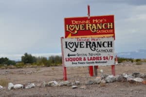 Sign for Dennis Hof's Love Ranch in Crystal, Nevada