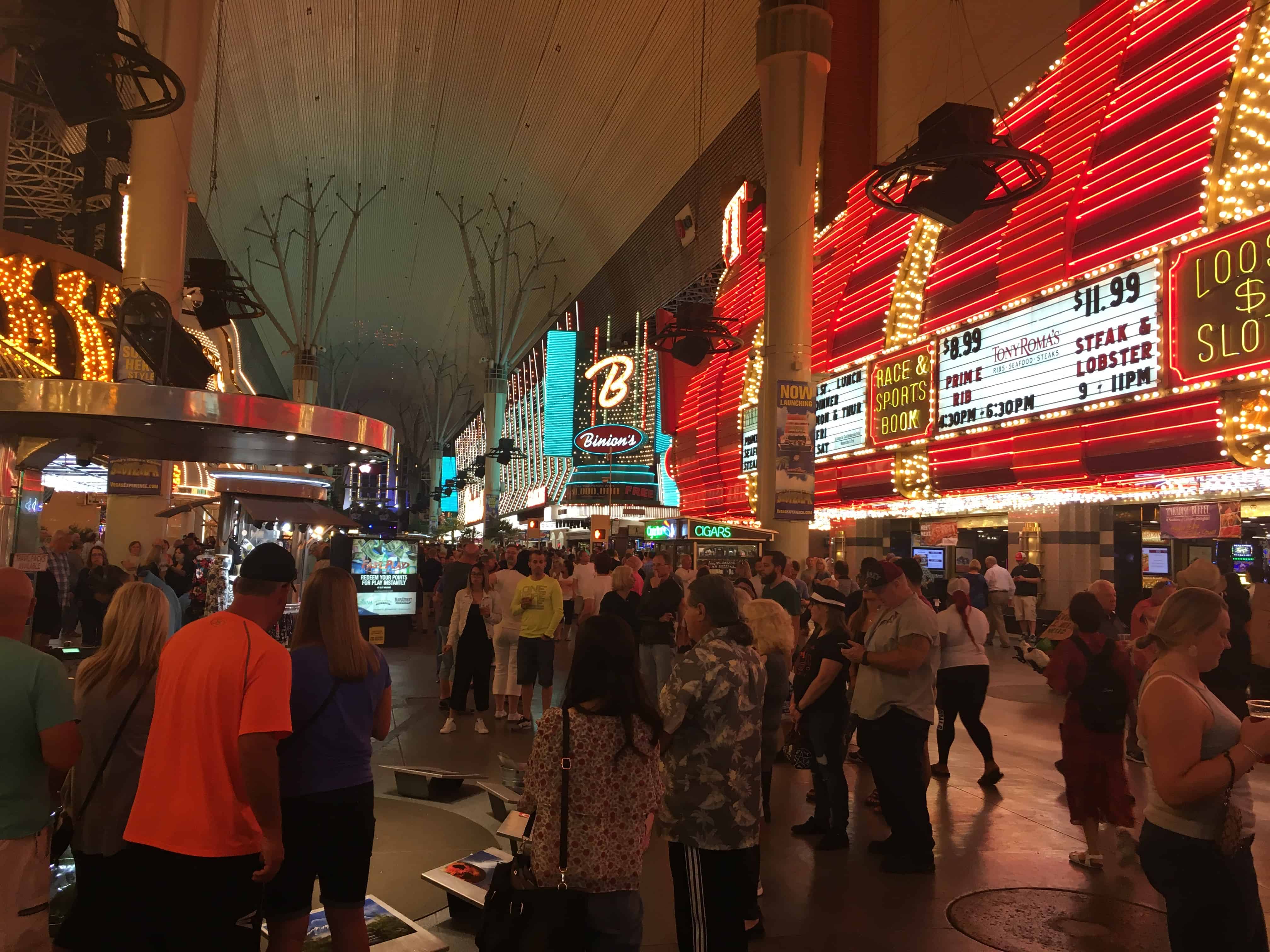 Visitors walking along the street at the Fremont Street Experience in Las Vegas, Nevada