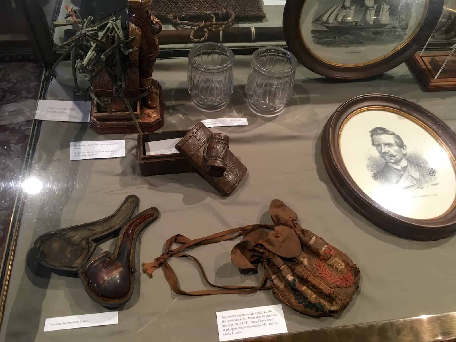 Jefferson Davis' pipe and tobacco bag at the First White House of the Confederacy