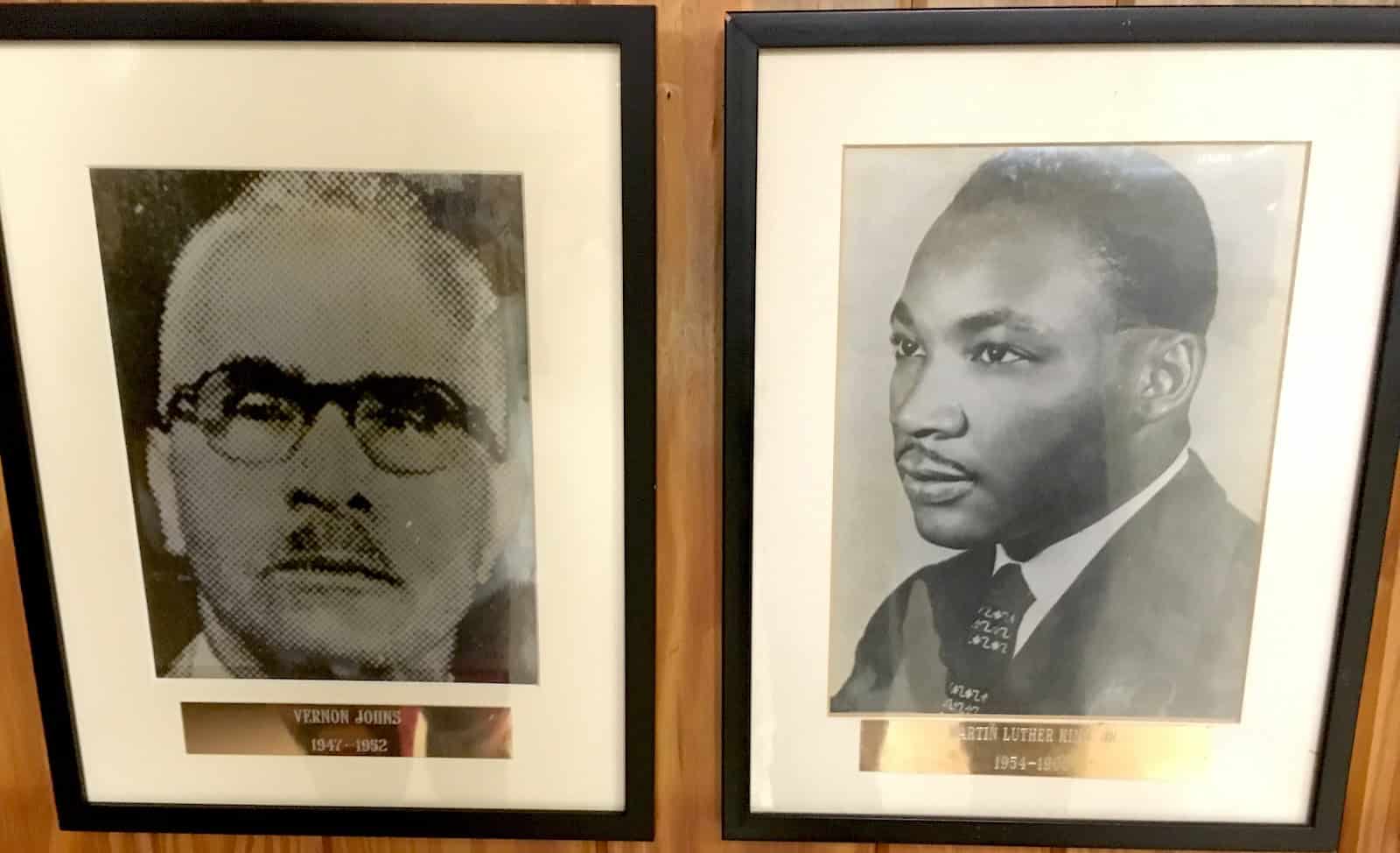 Photos of Vernon Johns (left) and Dr. Martin Luther King Jr. (right) at Dexter Avenue King Memorial Baptist Church