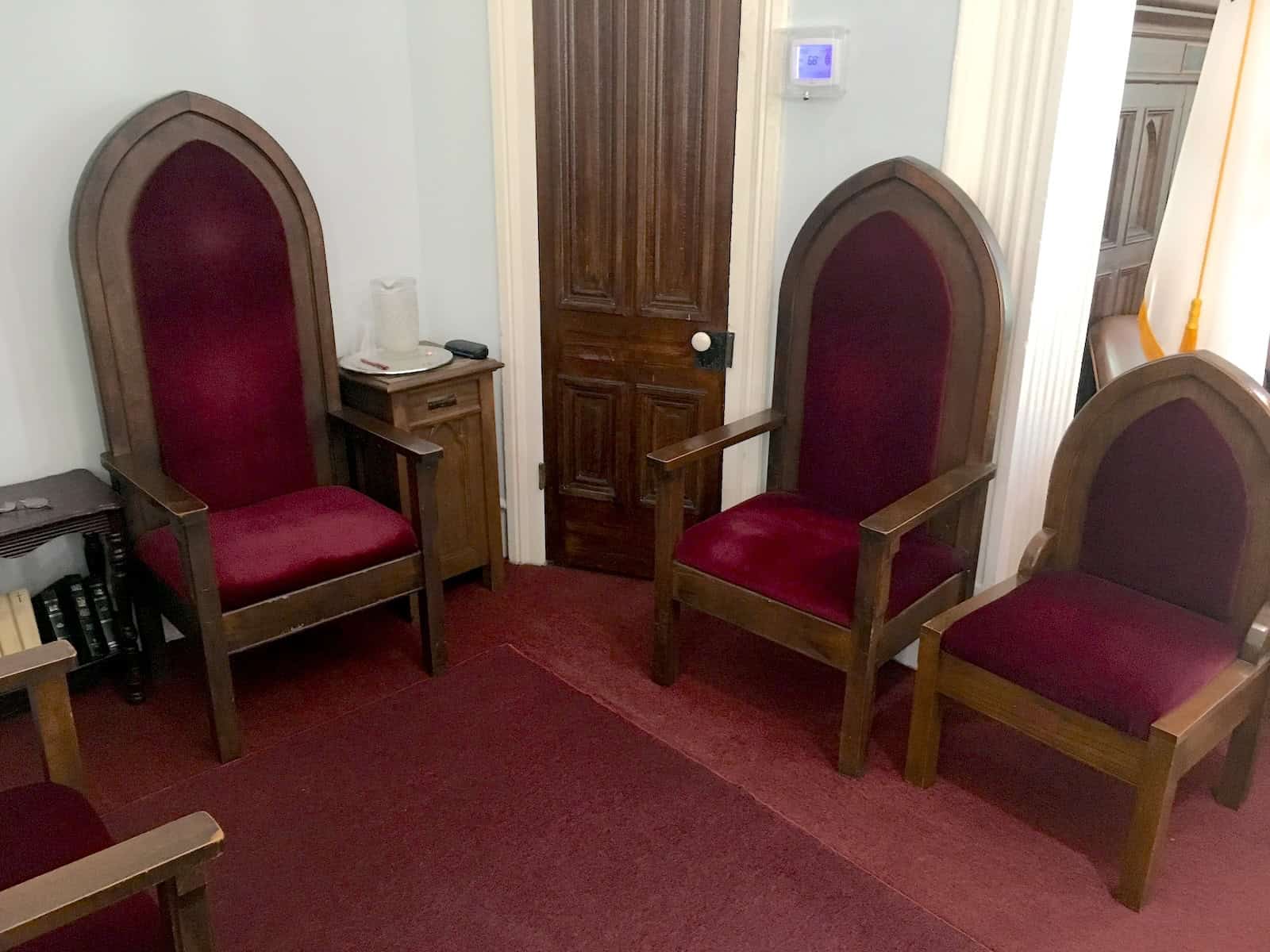 Chairs behind the pulpit at Dexter Avenue King Memorial Baptist Church