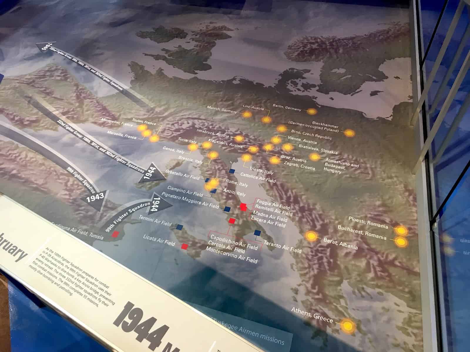 Map of Tuskegee Airmen missions at Hangar No. 2 at Tuskegee Airmen National Historic Site in Alabama