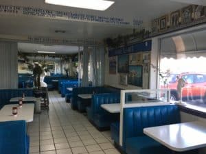 Dining area at the Mad Greek Café in Baker, California