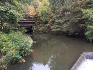 View of the Covered Bridge from Lanterman's Mill at Mill Creek Park in Youngstown, Ohio