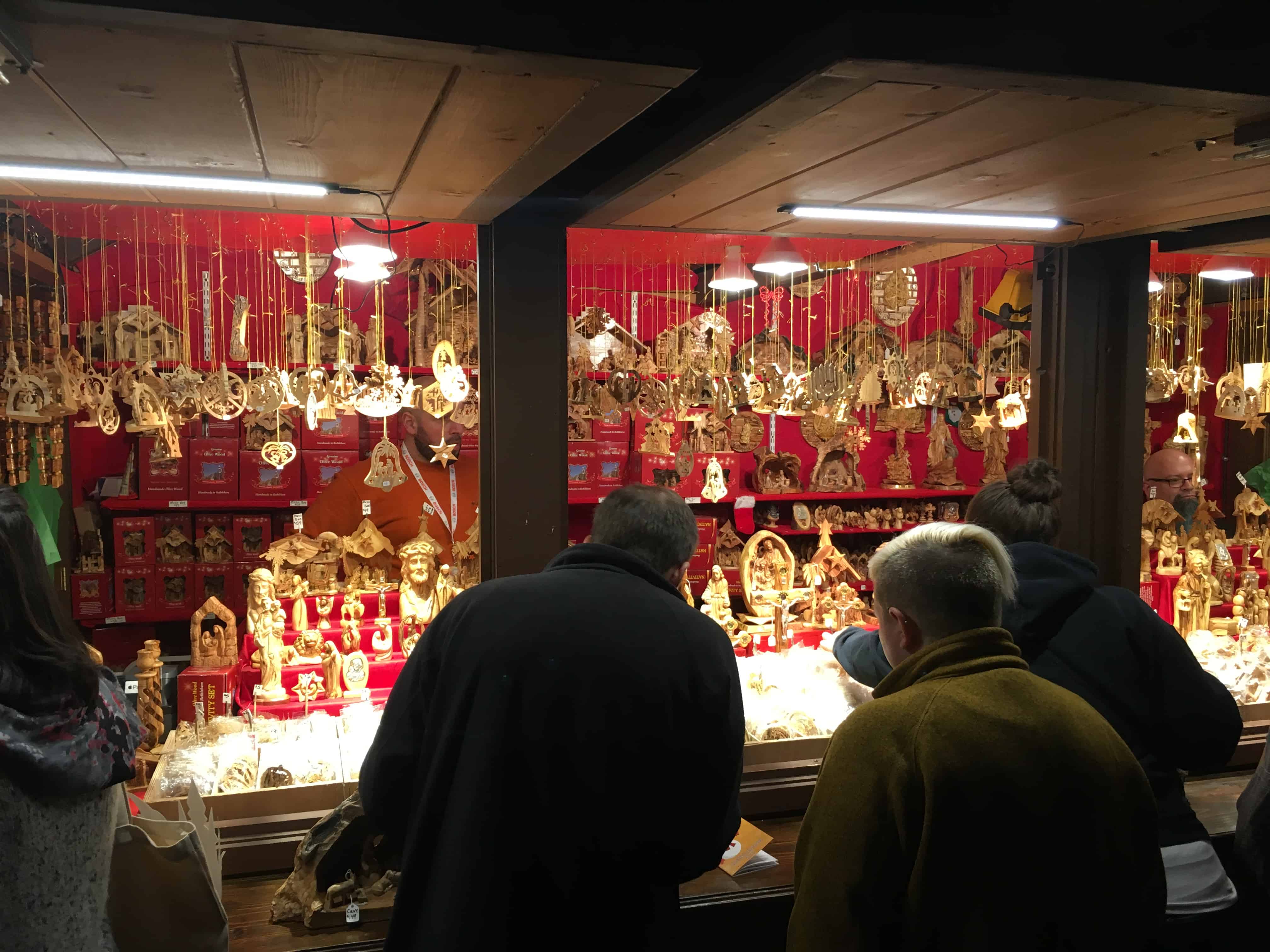 Handmade wooden ornaments at Christkindlmarket in Chicago, Illinois