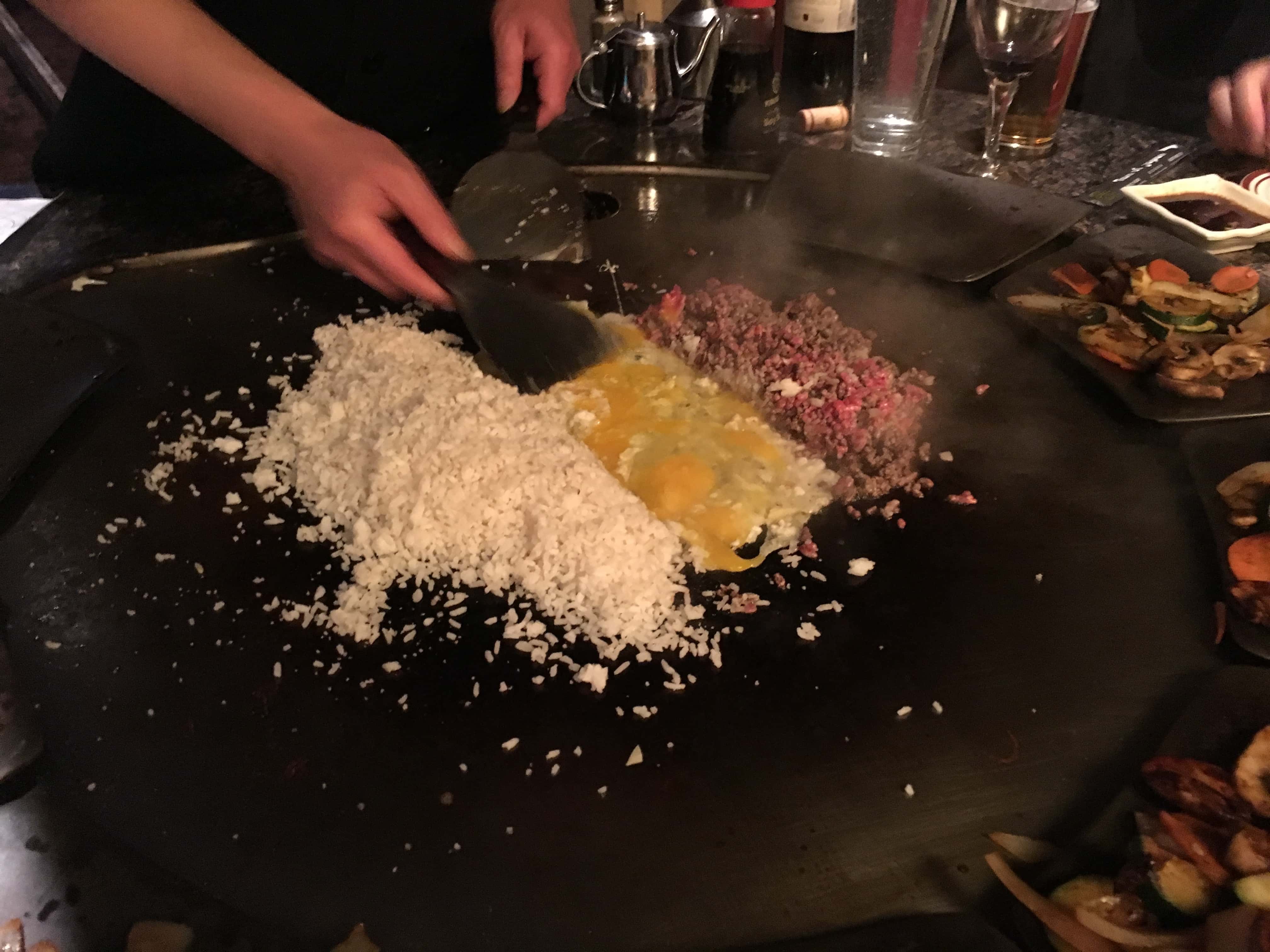 Preparing beef fried rice at Ron of Japan in Chicago, Illinois