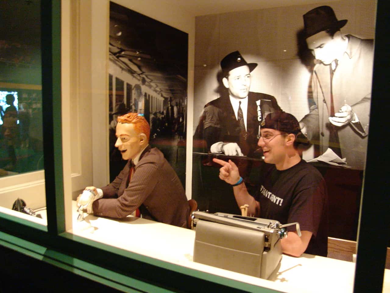 In the broadcast booth at the Louisville Slugger Museum in Louisville, Kentucky