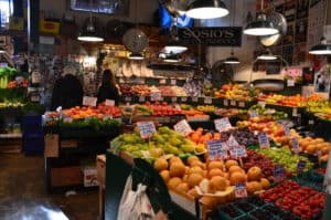 Fruit and vegetable stand at Pike Place Market in Seattle, Washington