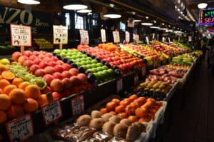 Colorful fruits and vegetables at Pike Place Market in Seattle, Washington
