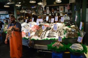 Fishmonger at Pike Place Market in Seattle, Washington