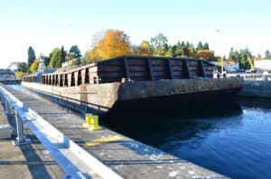 The barge at a higher water level at the Ballard Locks in Seattle, Washington