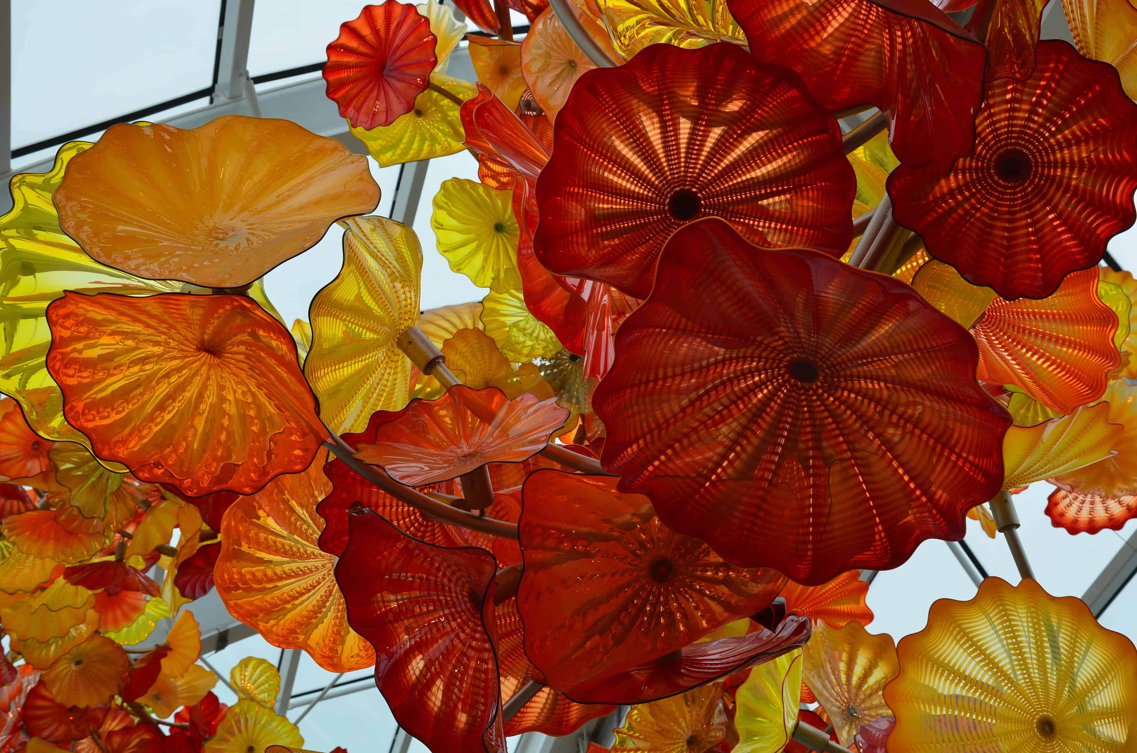 Closeup of the artwork in the Glasshouse at Chihuly Garden and Glass in Seattle, Washington