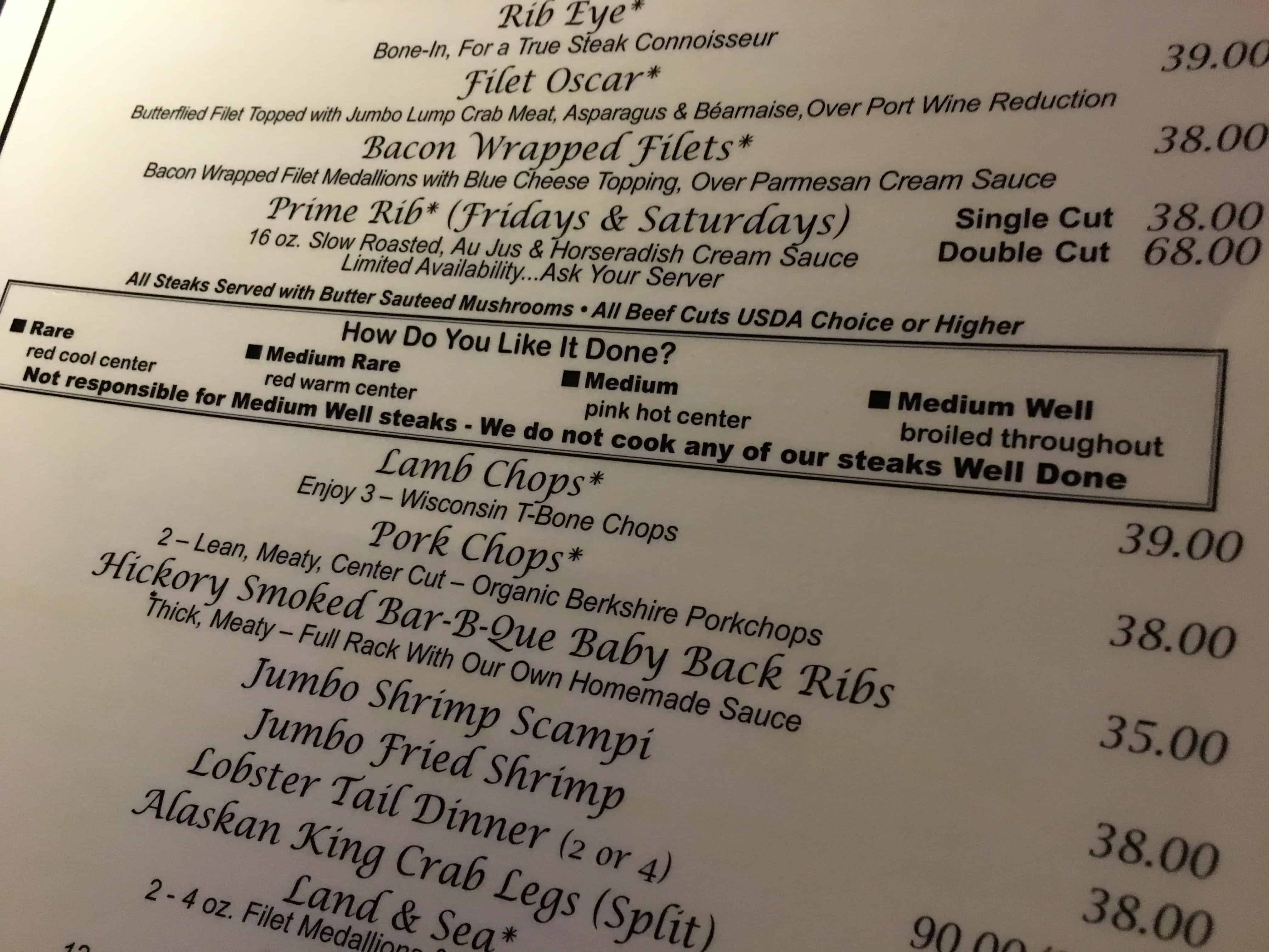 Menu at Five O'Clock Steakhouse in Milwaukee, Wisconsin