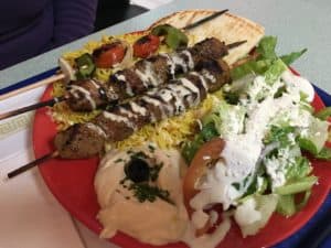 Lamb kebab plate at Golden Olive in Seattle, Washington