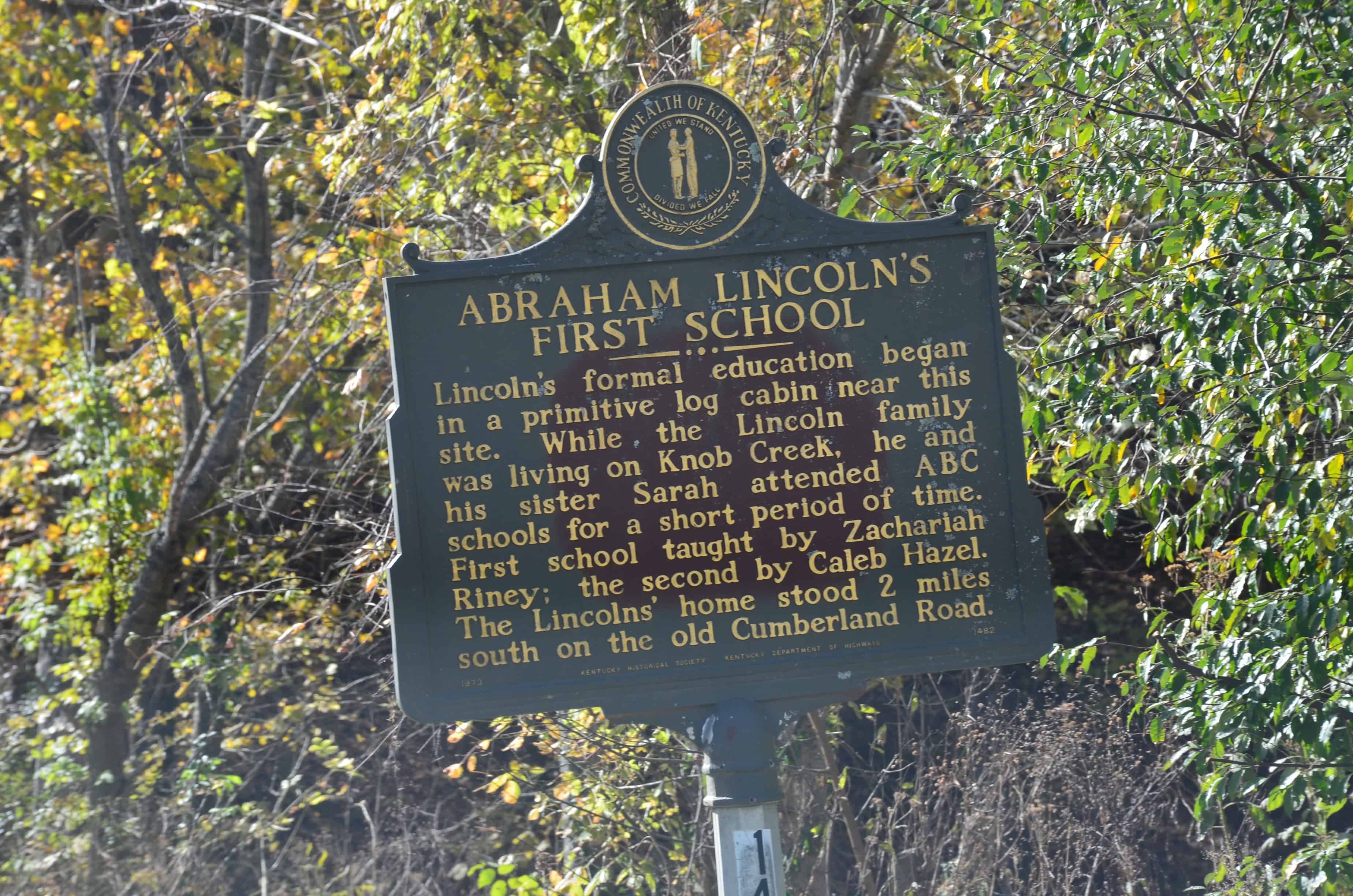 Lincoln's first school historical marker near Abraham Lincoln Birthplace National Historical Park in Kentucky