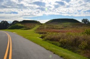 Lesser Temple Mound (left) and Great Temple Mound (right) at Ocmulgee Mounds in Macon, Georgia