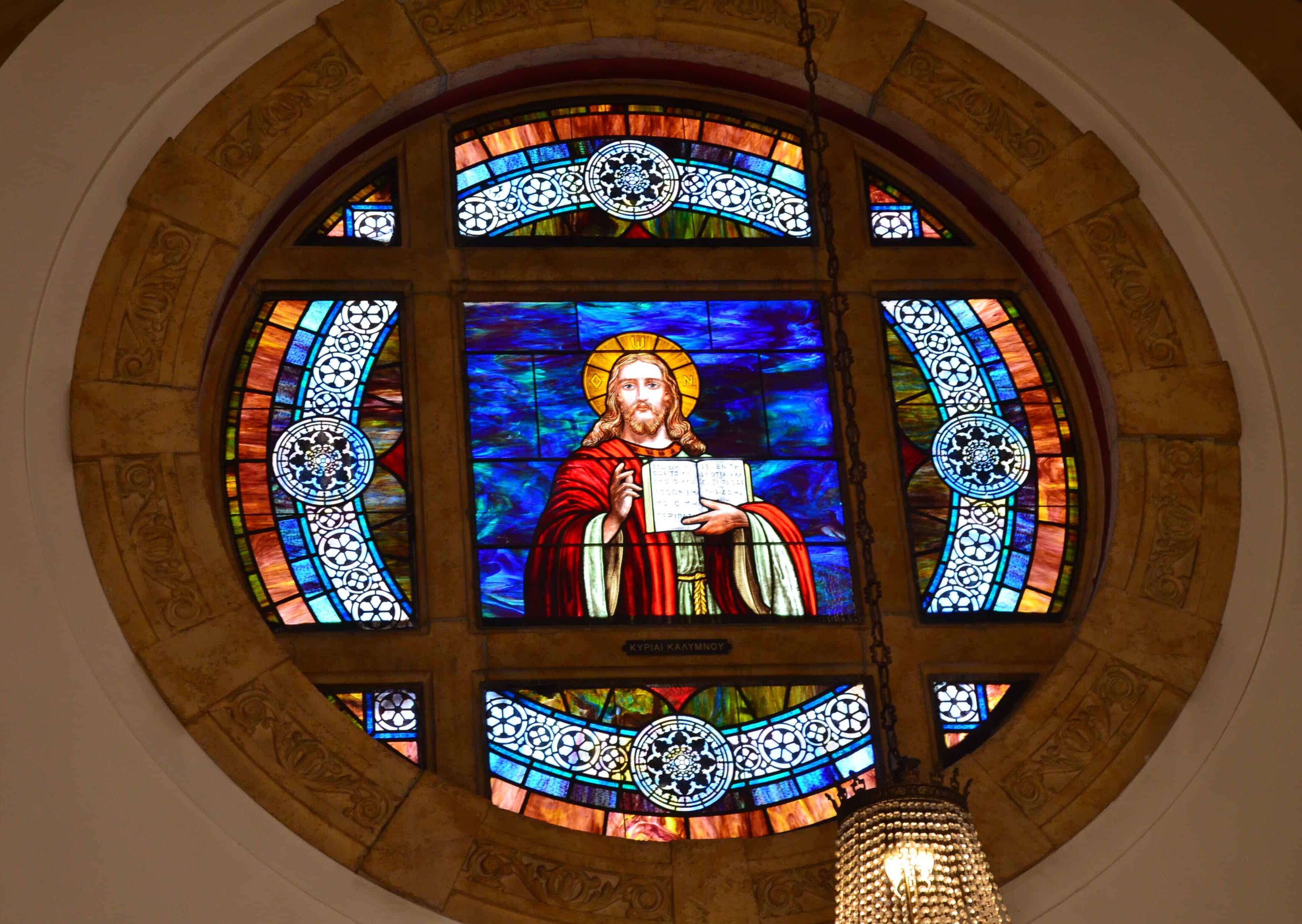 Stained glass window at St. Nicholas Greek Orthodox Cathedral in Tarpon Springs, Florida