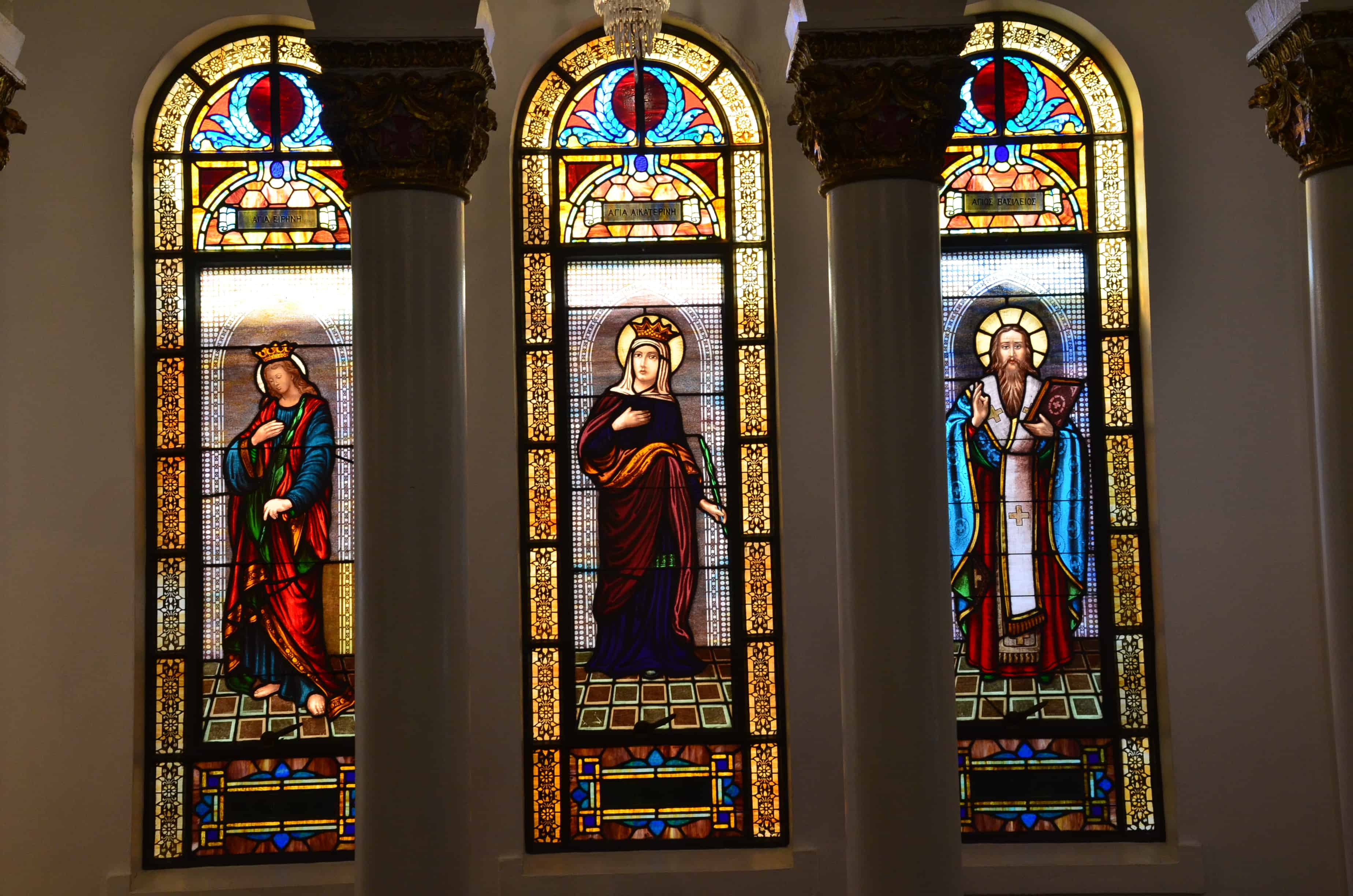 Stained glass windows at St. Nicholas Greek Orthodox Cathedral in Tarpon Springs, Florida