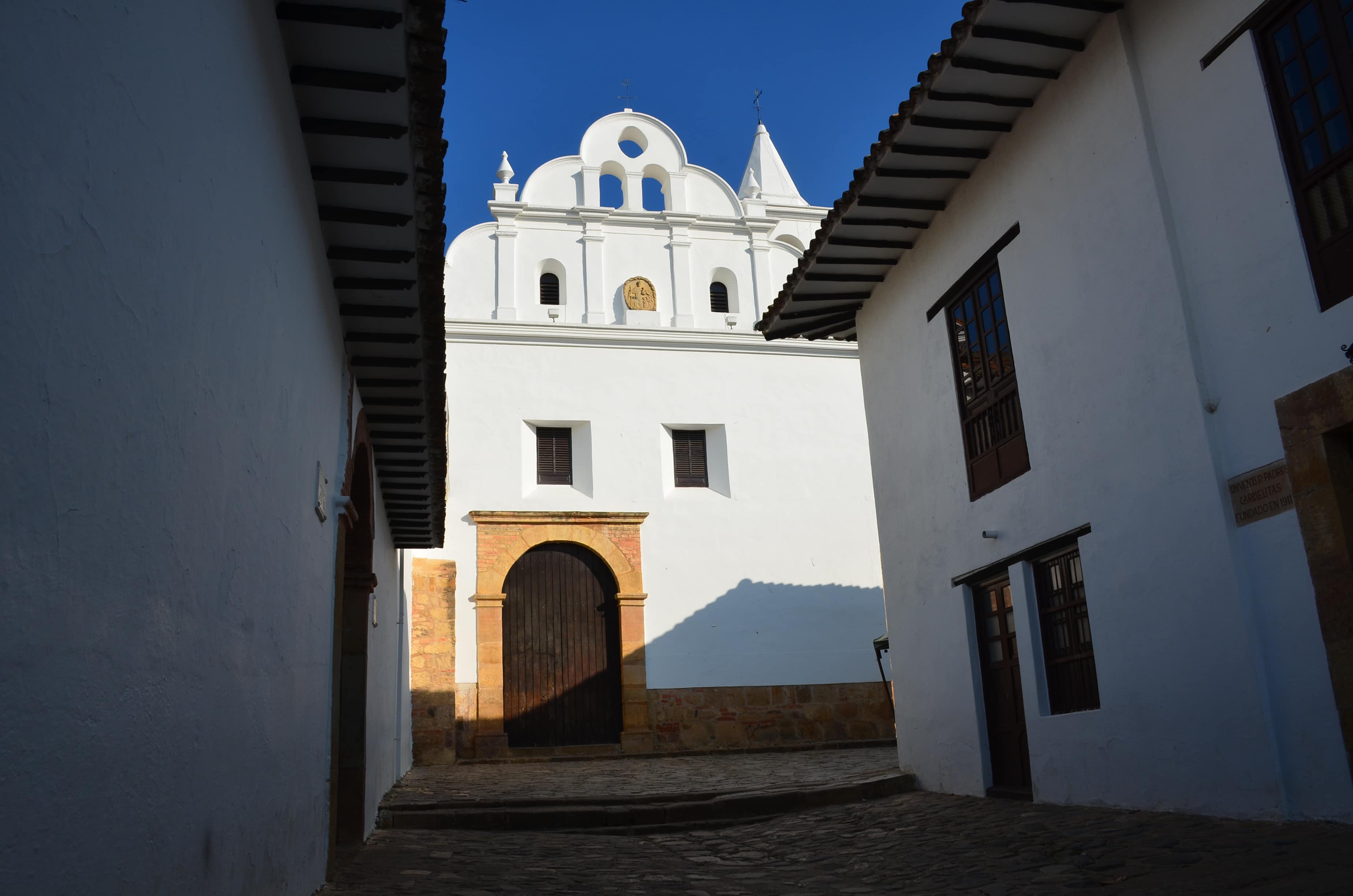 A street leading to the Church of Our Lady of Mount Carmel in Villa de Leyva, Boyacá, Colombia