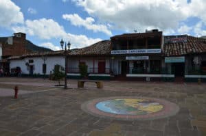 Buildings on the plaza in Nobsa, Boyacá, Colombia