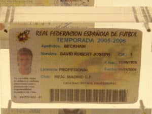 Beckham's ID at Estadio Santiago Bernabéu in Madrid, Spain