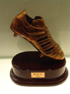 Raul's 2001 bronze trophy for FIFA World Player of the Year at Estadio Santiago Bernabéu in Madrid, Spain