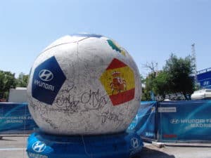 A giant signed football at Estadio Santiago Bernabéu in Madrid, Spain