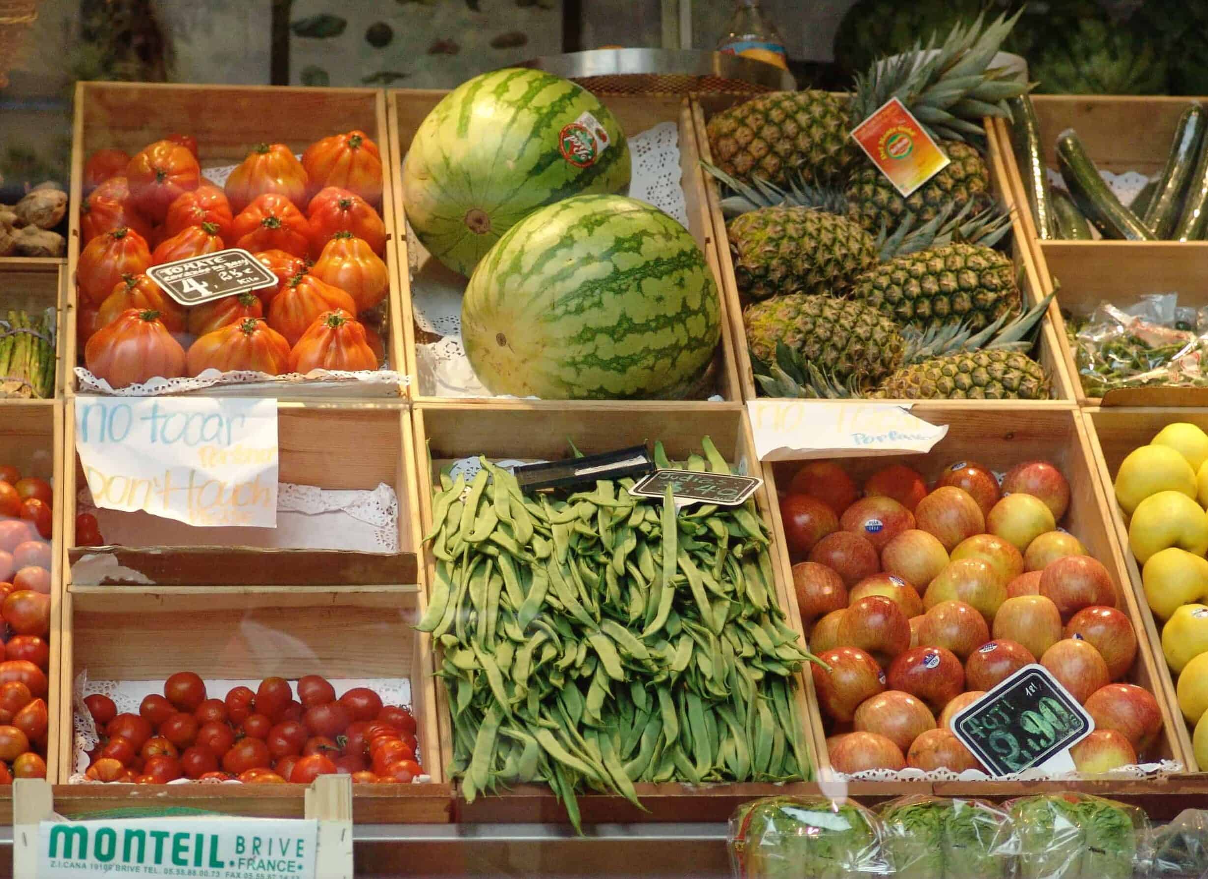 Fresh fruits and vegetables at San Miguel Market in the Historic Center of Madrid, Spain