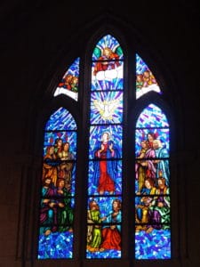 Stained glass window at Catedral de la Almudena in Madrid, Spain