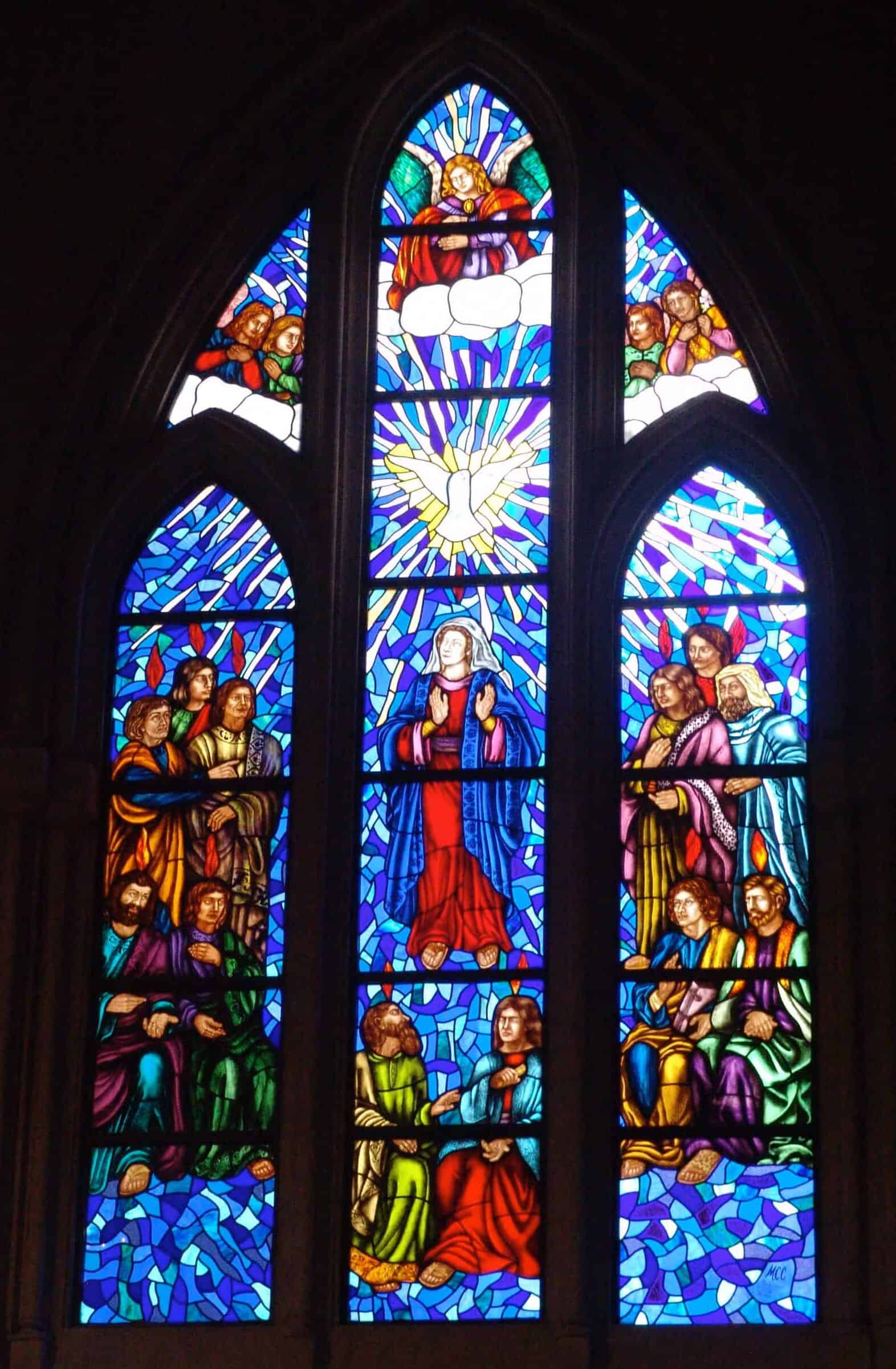 Stained glass window at the Almudena Cathedral in Madrid, Spain