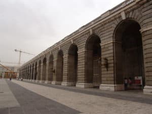 Arched colonnade at Palacio Real in Madrid, Spain