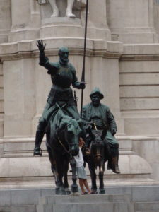 Don Quixote and Sancho Panza statues on the Cervantes monument in Madrid, Spain
