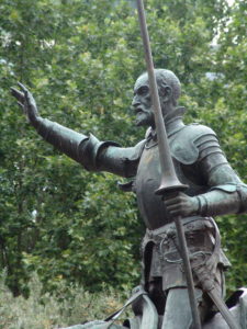 Don Quixote statue on the Cervantes monument in Madrid, Spain