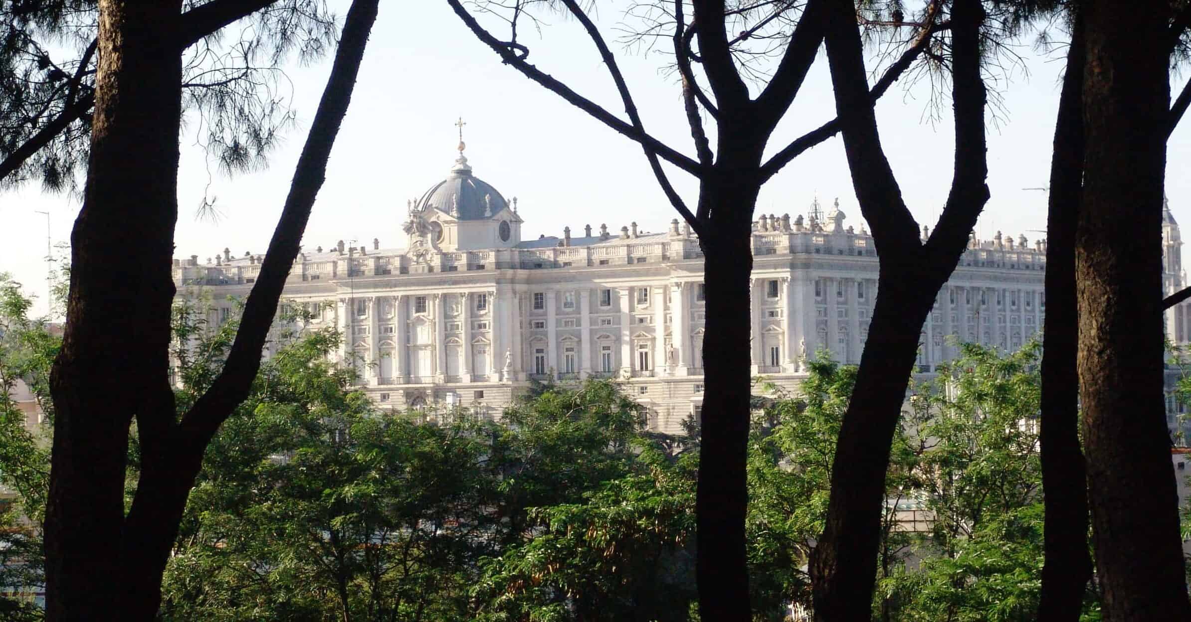 View of the Royal Palace of Madrid from the Temple of Debod in Madrid, Spain