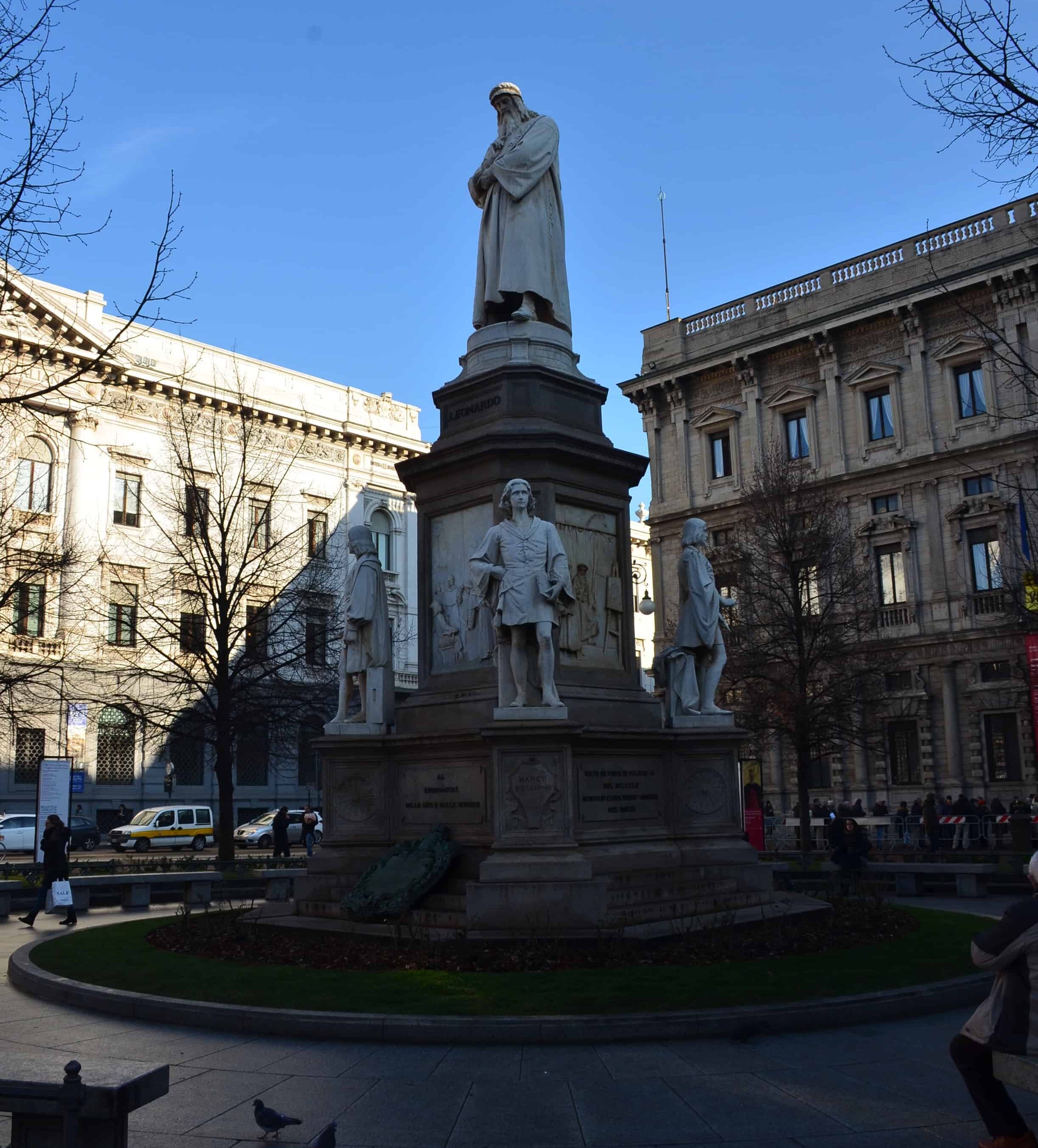 Leonardo da Vinci monument on Piazza della Scala in Milan, Italy