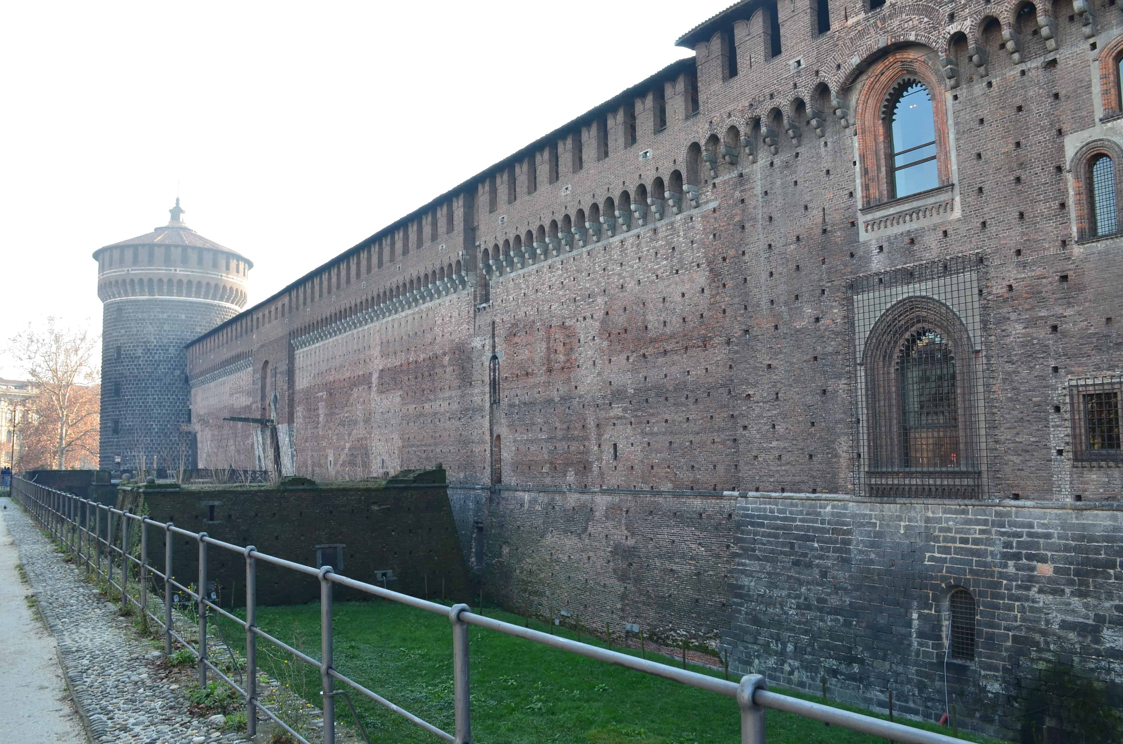 Defensive walls looking towards the Carmine Tower at Sforza Castle in Milan, Italy