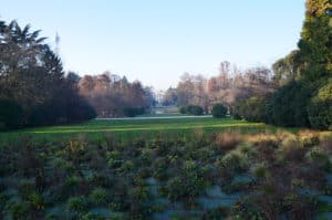 Looking towards Arco della Pace with Torre Branca on the left at Parco Sempione in Milan, Italy