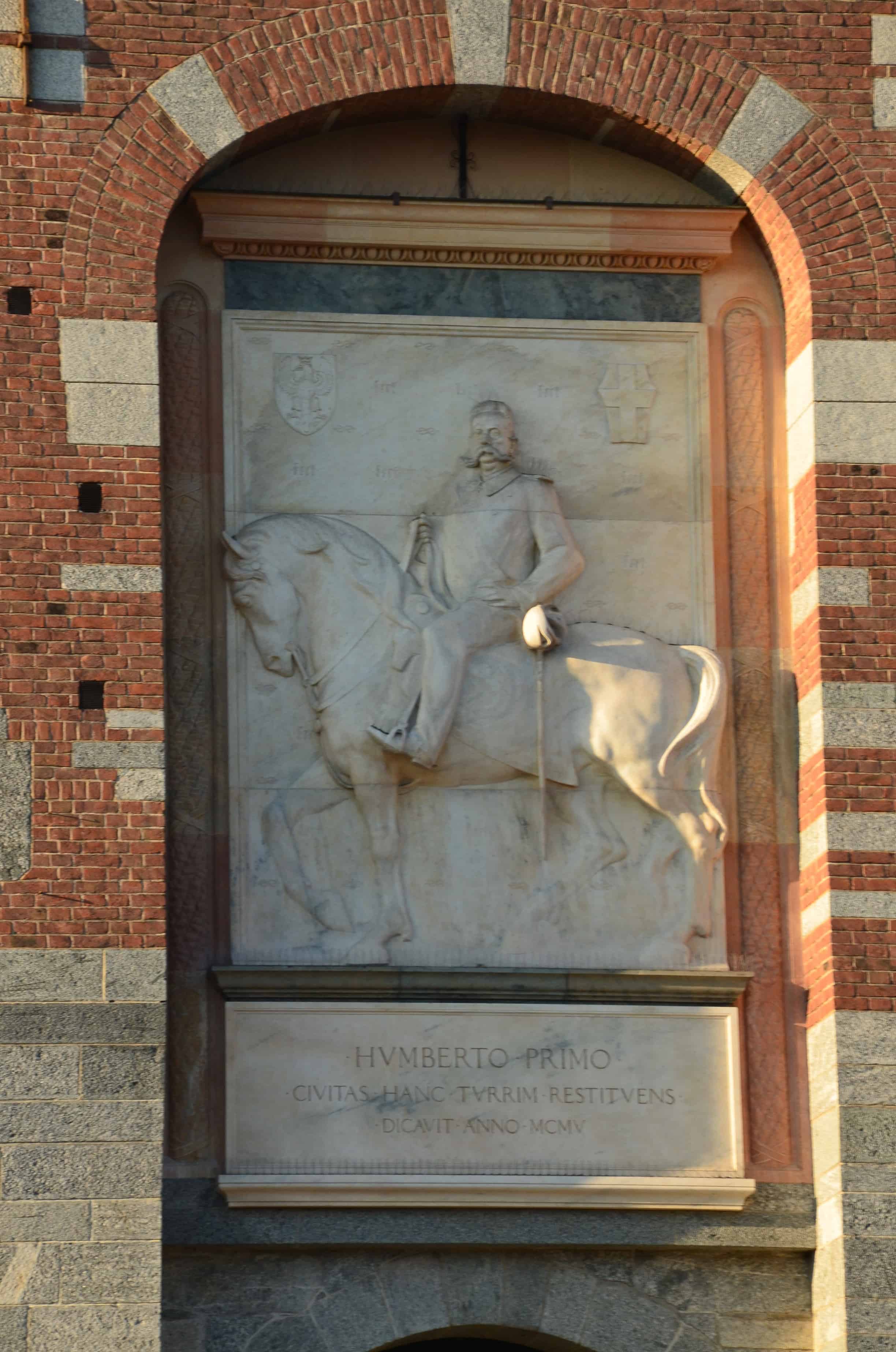 Relief of Umberto I on Filarete Tower at Sforza Castle in Milan, Italy
