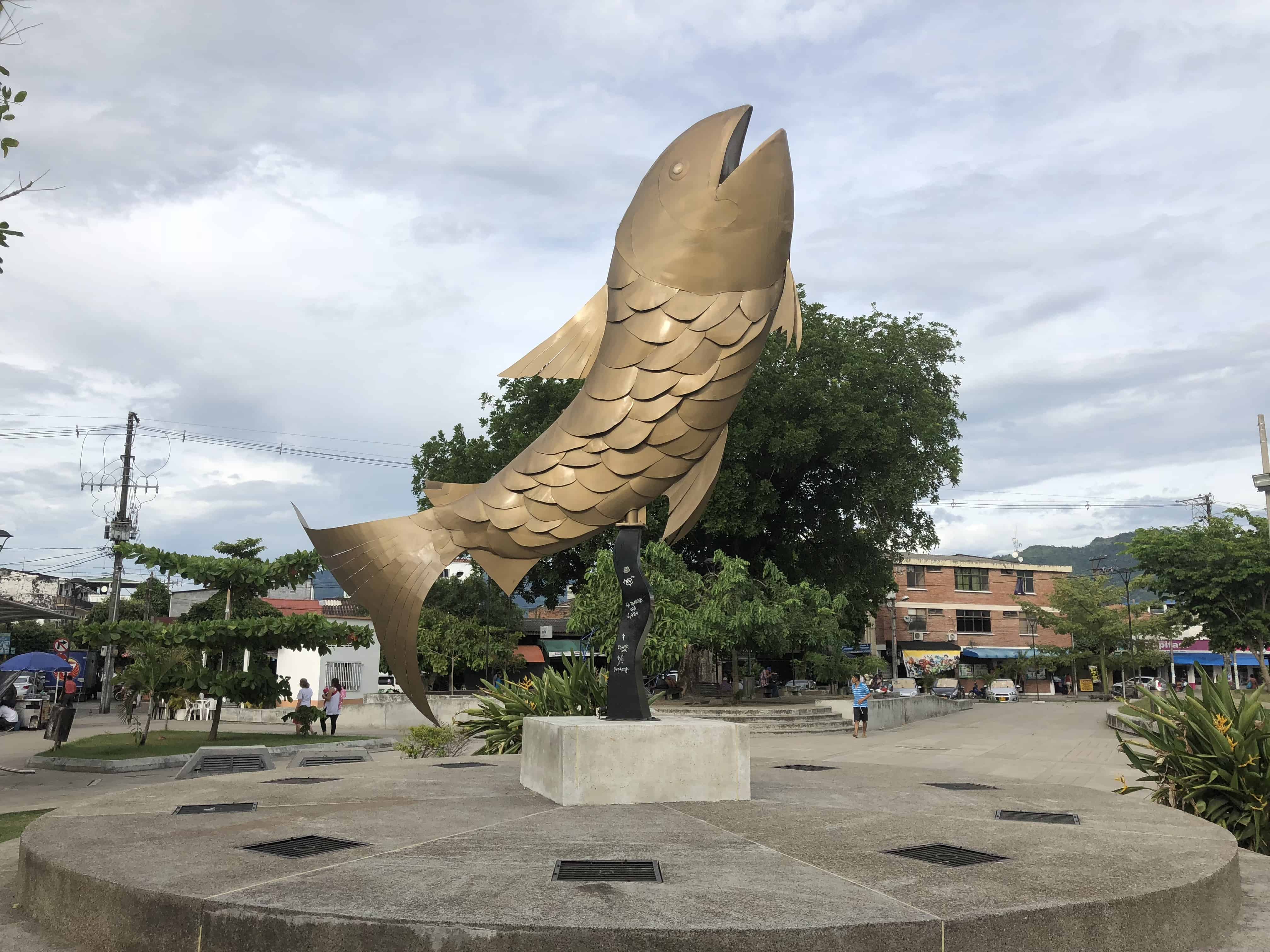 Fish monument at Parque Santander in La Dorada, Caldas, Colombia