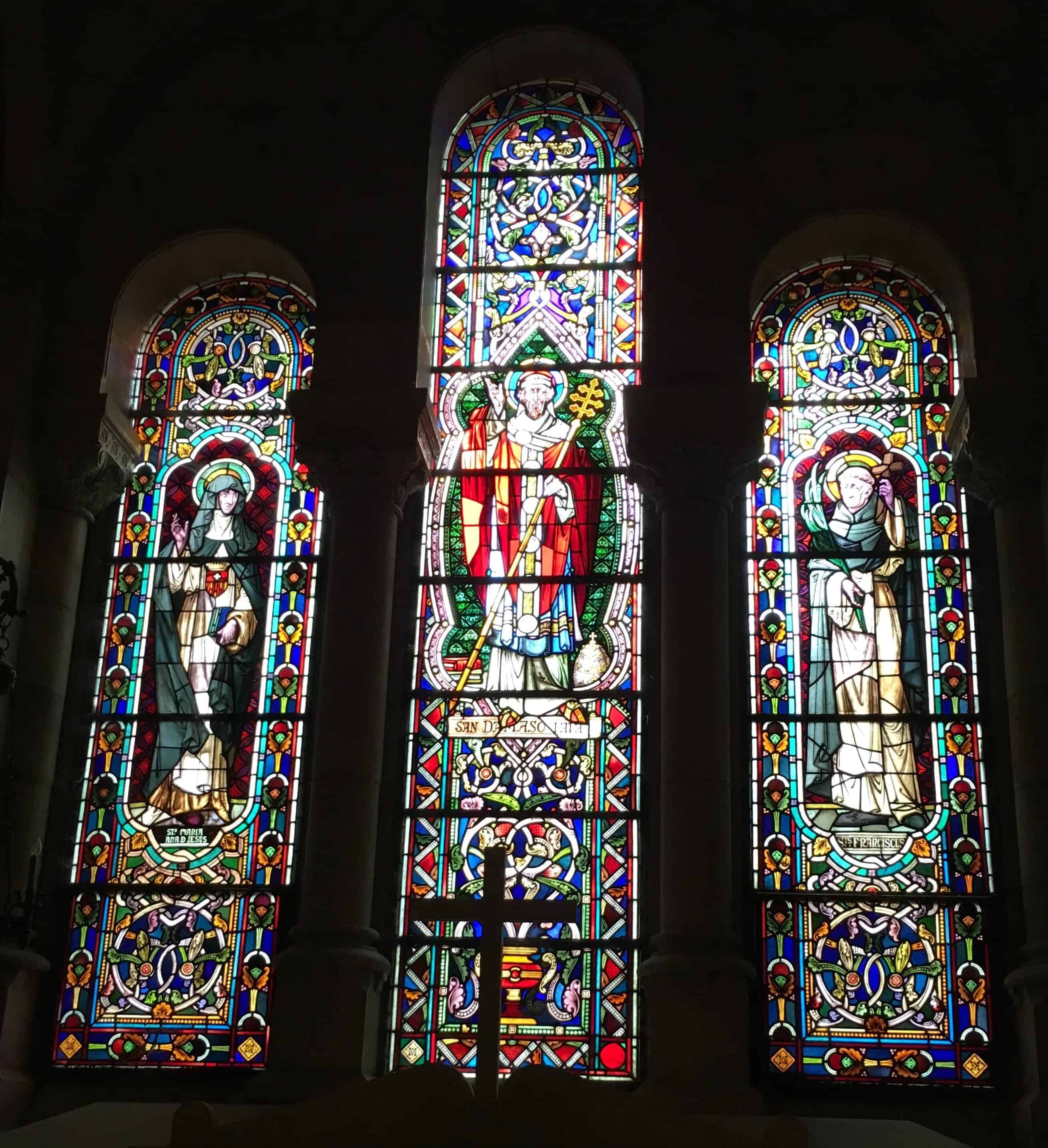 Stained glass windows in the crypt at the Almudena Cathedral in Madrid, Spain