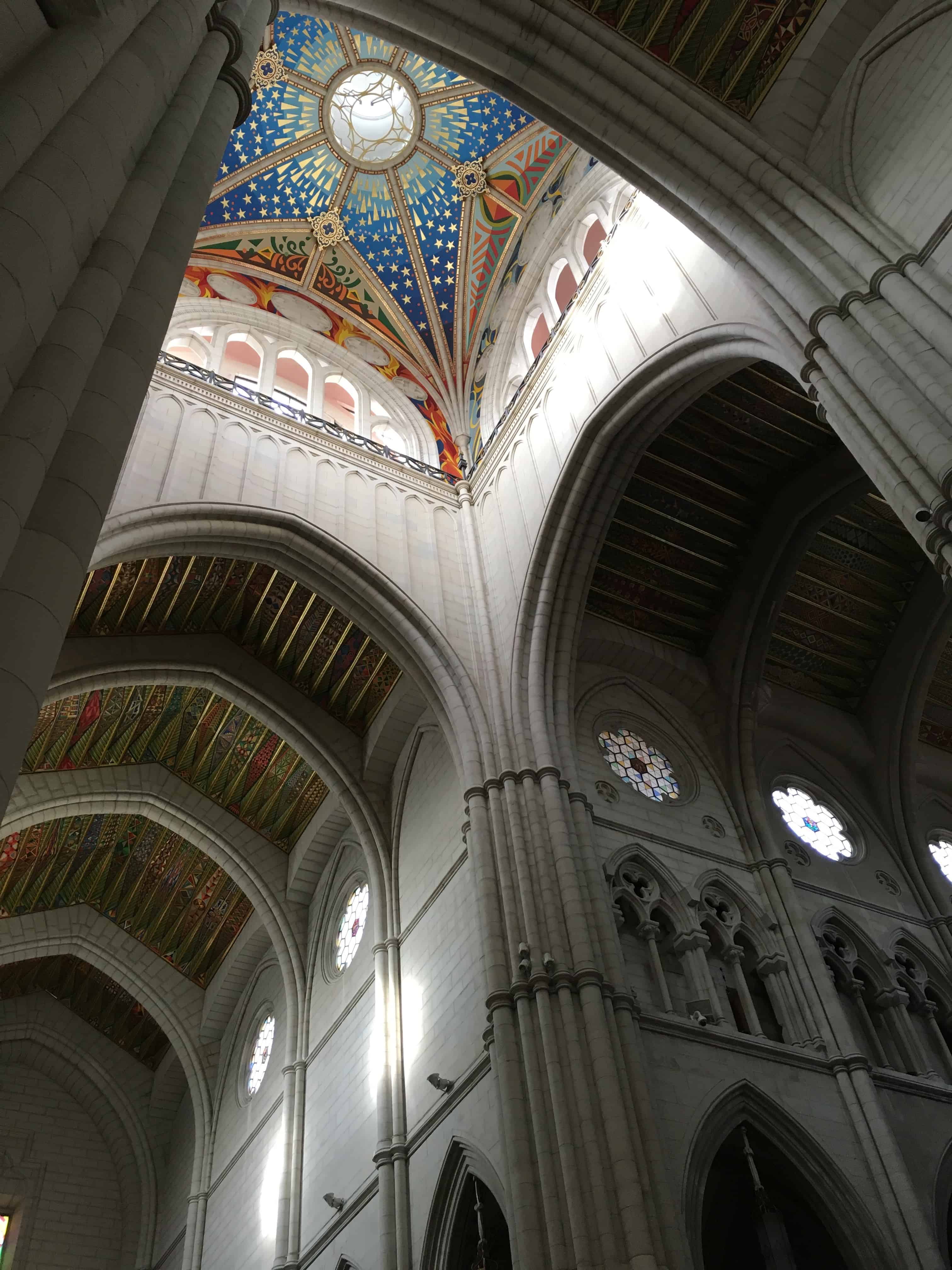 Looking up at the Almudena Cathedral in Madrid, Spain