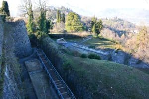 View of the fountain from the castle at Castello di San Vigilio in Bergamo, Italy