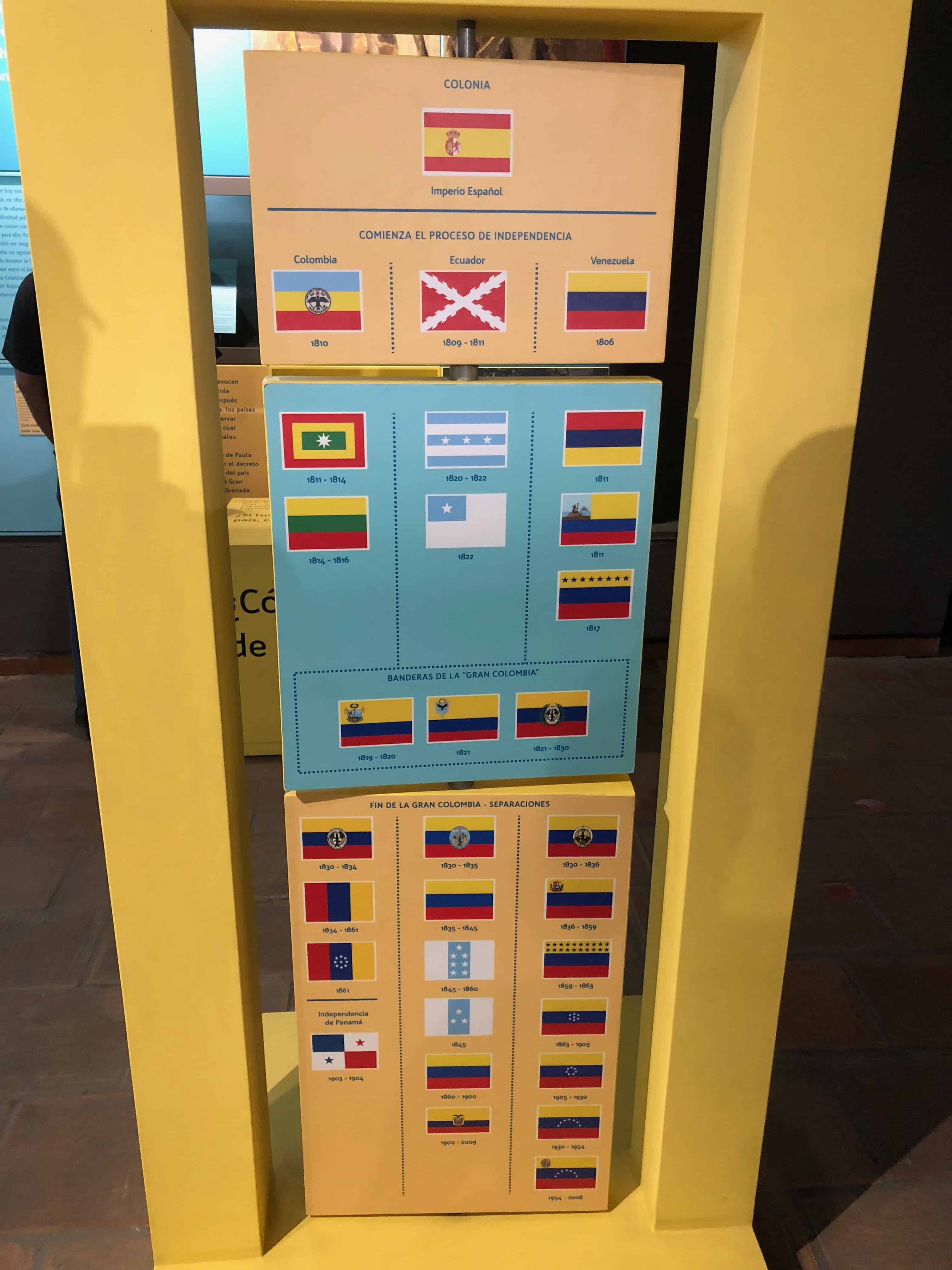 Evolution of the flags of Colombia, Ecuador, and Venezuela at Birth House of General Santander