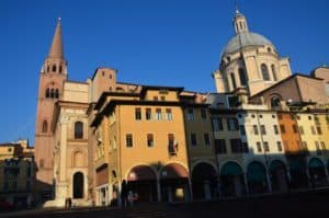 Basilica di Sant'Andrea as seen from Piazza delle Erbe in Mantua, Italy