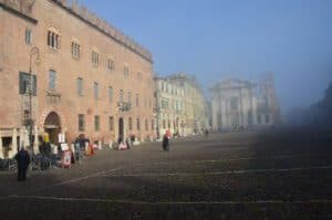Piazza Sordello on a foggy morning in Mantua, Italy