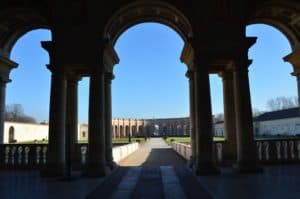 Looking out onto the Courtyard of Honor from the Loggia of David at Palazzo Te in Mantua, Italy