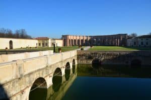 Looking out onto the Courtyard of Honor from the Loggia of David at Palazzo Te in Mantua, Italy