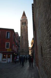 Bell tower of the Chiesa di San Polo in Venice, Italy